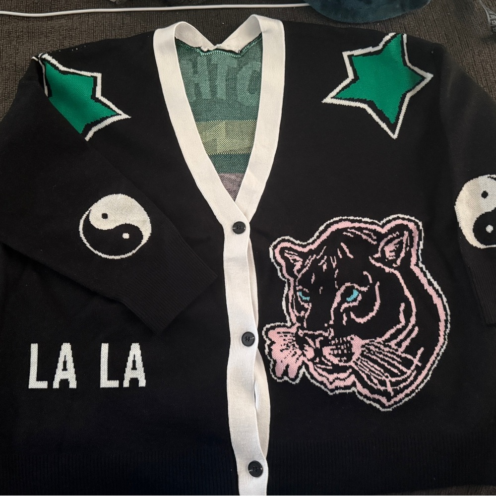Green and Black Cardigan with Star Accents and Embroidery